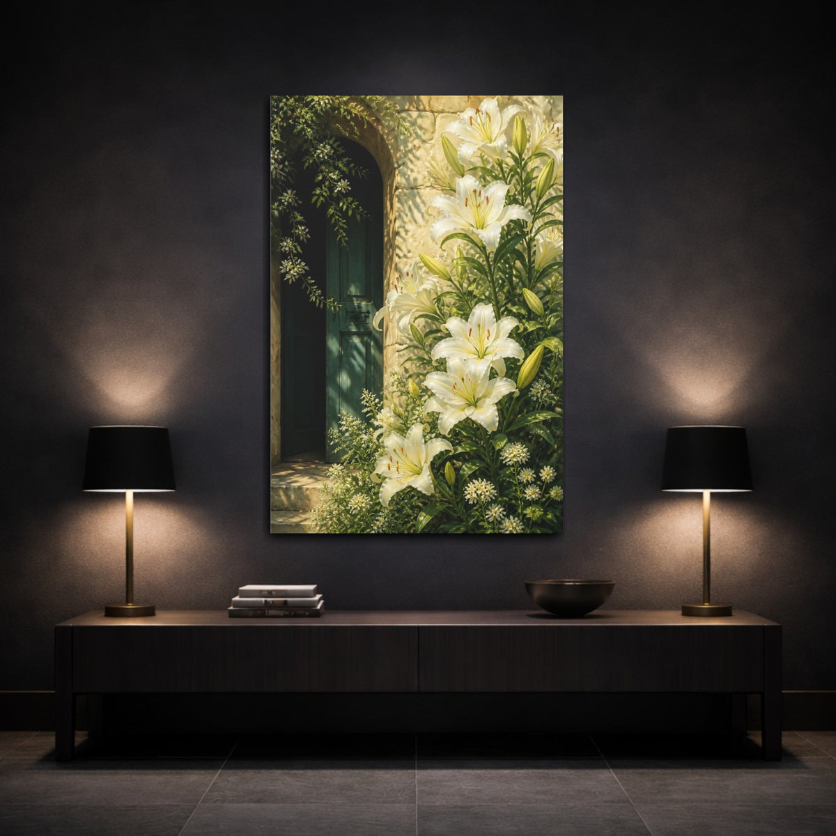 Mockup 3. White Lily Floral Doorway shown as canvas print