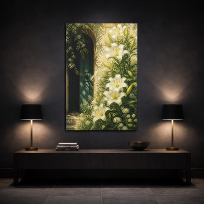 Mockup 3. White Lily Floral Doorway shown as canvas print