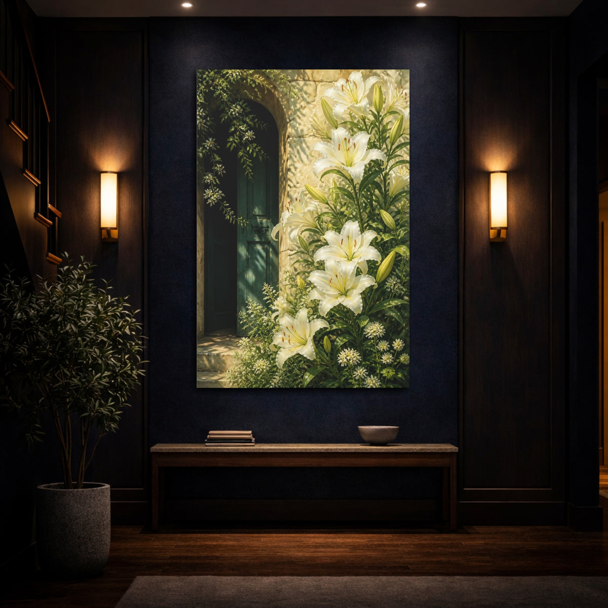 Mockup 4. White Lily Floral Doorway shown as canvas print