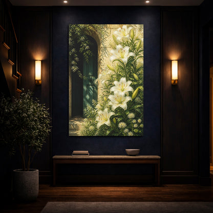 Mockup 4. White Lily Floral Doorway shown as canvas print