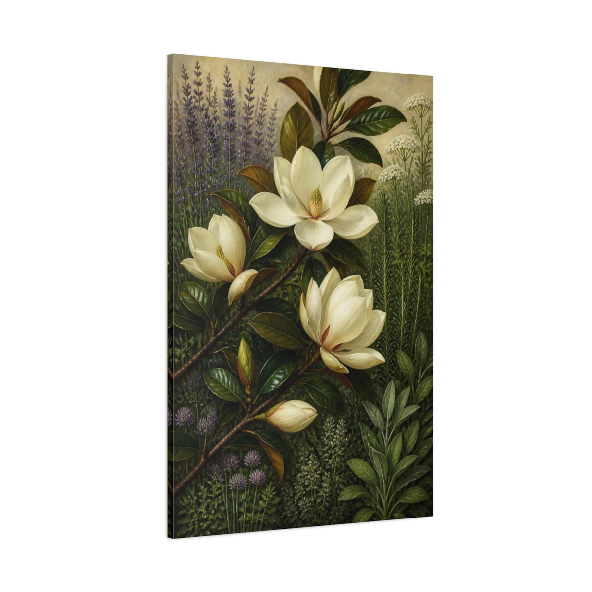 Side Mockup 1. White Magnolia Flowers shown as canvas print