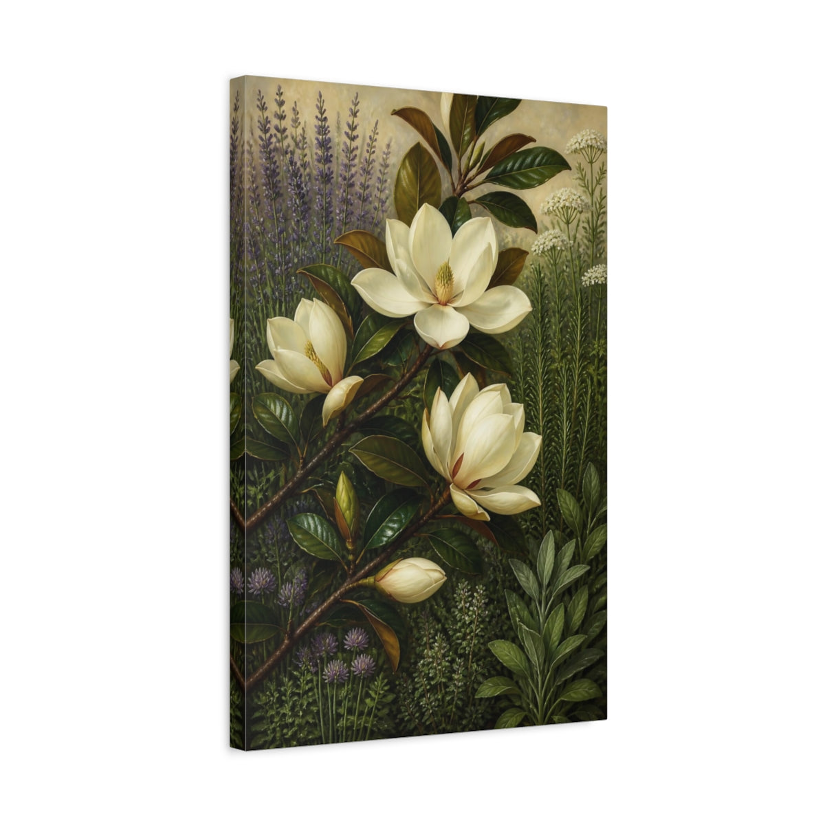 Side Mockup 3. White Magnolia Flowers shown as canvas print