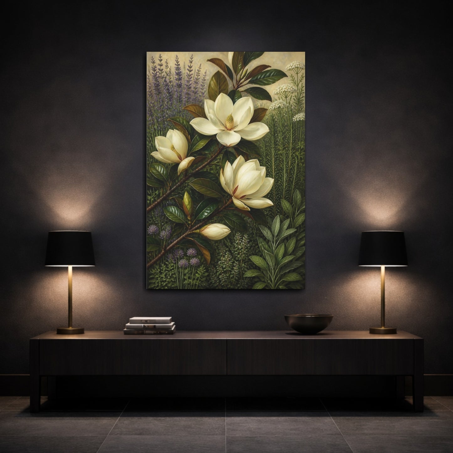 Mockup 3. White Magnolia Flowers shown as canvas print