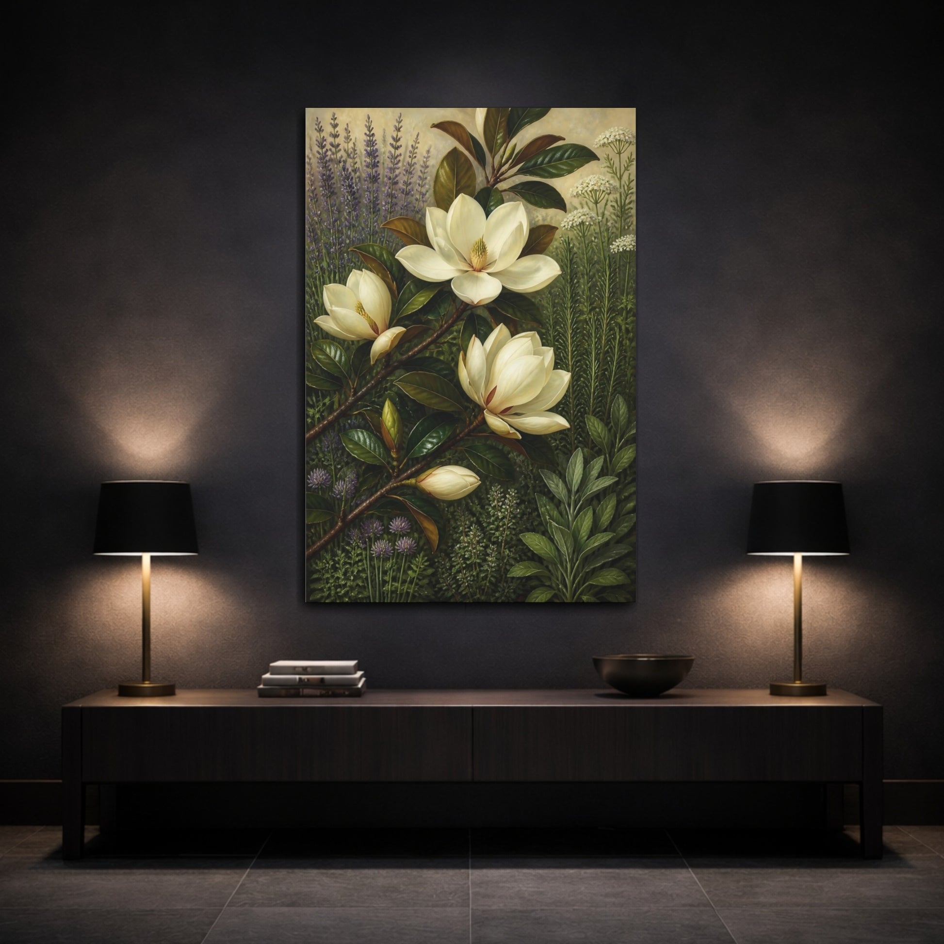 Mockup 3. White Magnolia Flowers shown as canvas print