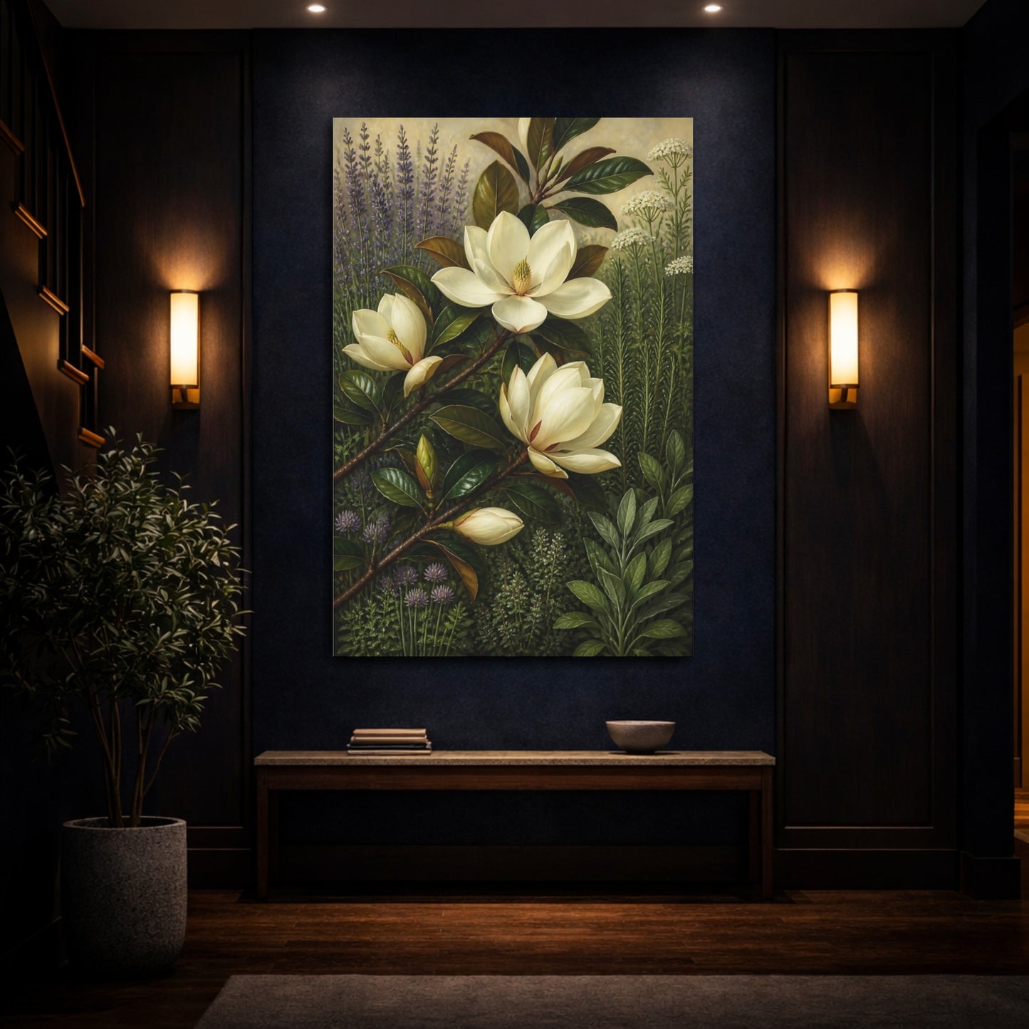 Mockup 4. White Magnolia Flowers shown as canvas print