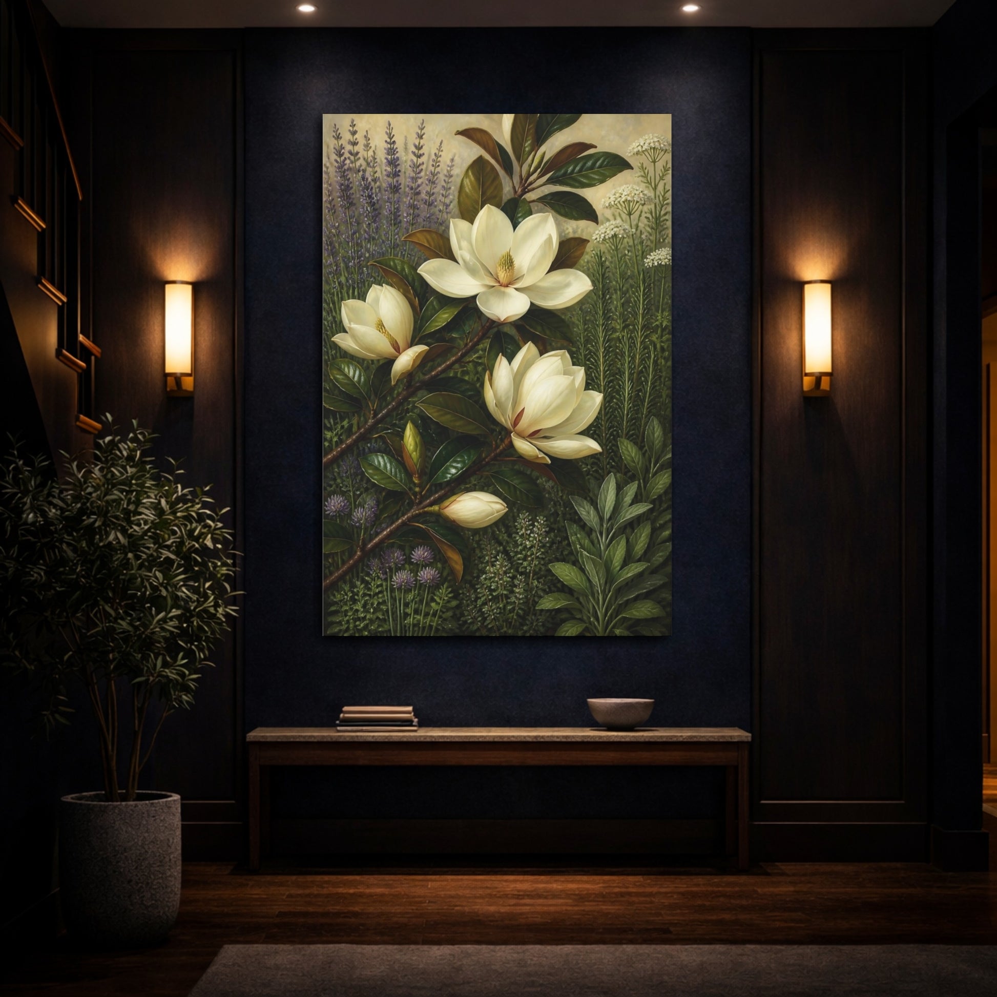 Mockup 4. White Magnolia Flowers shown as canvas print
