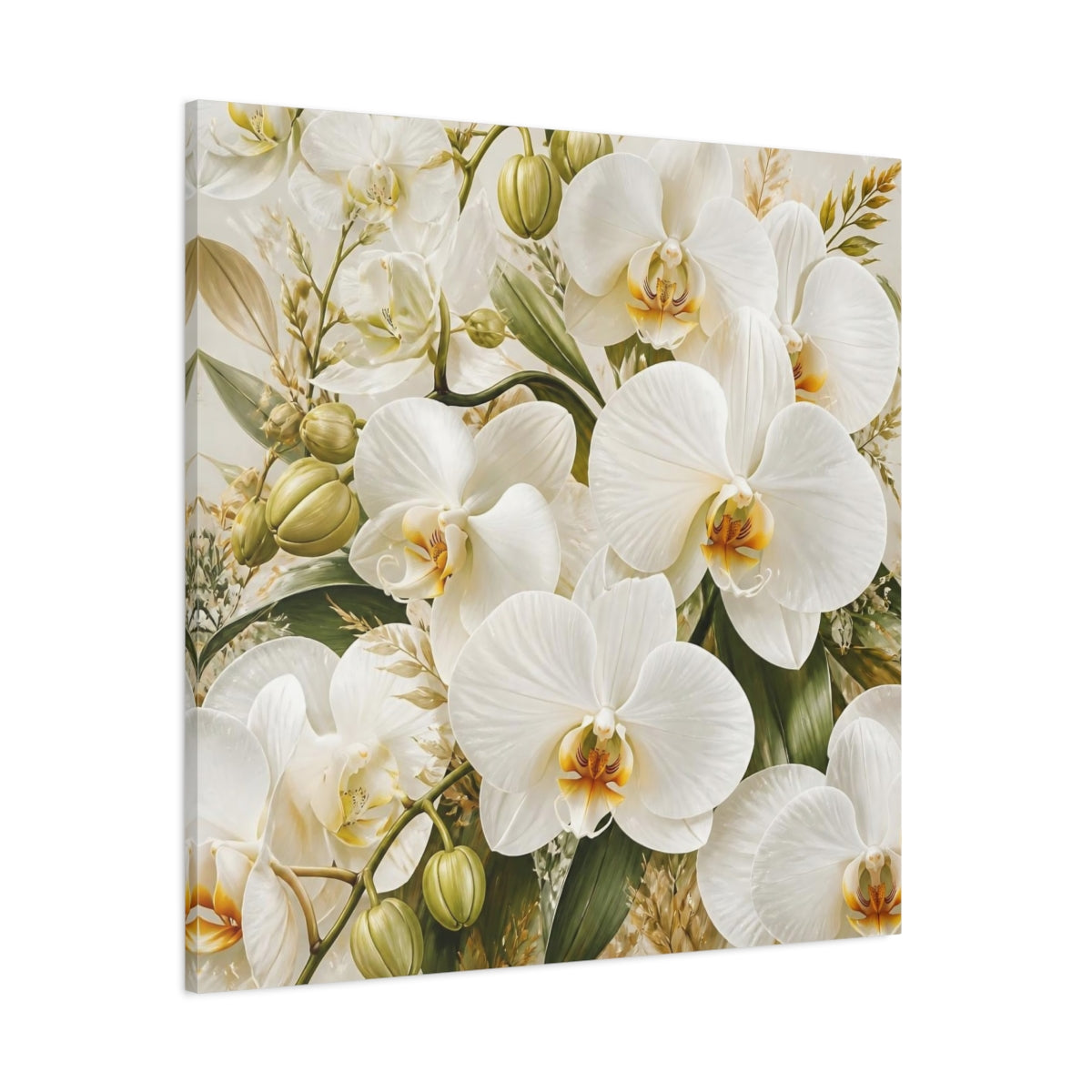 Side Mockup 1. White Orchid Flowers shown as canvas print