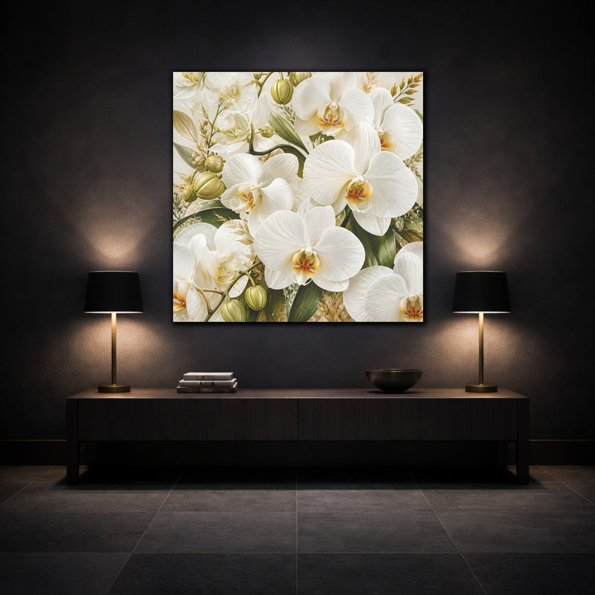 Mockup 3. White Orchid Flowers shown as canvas print
