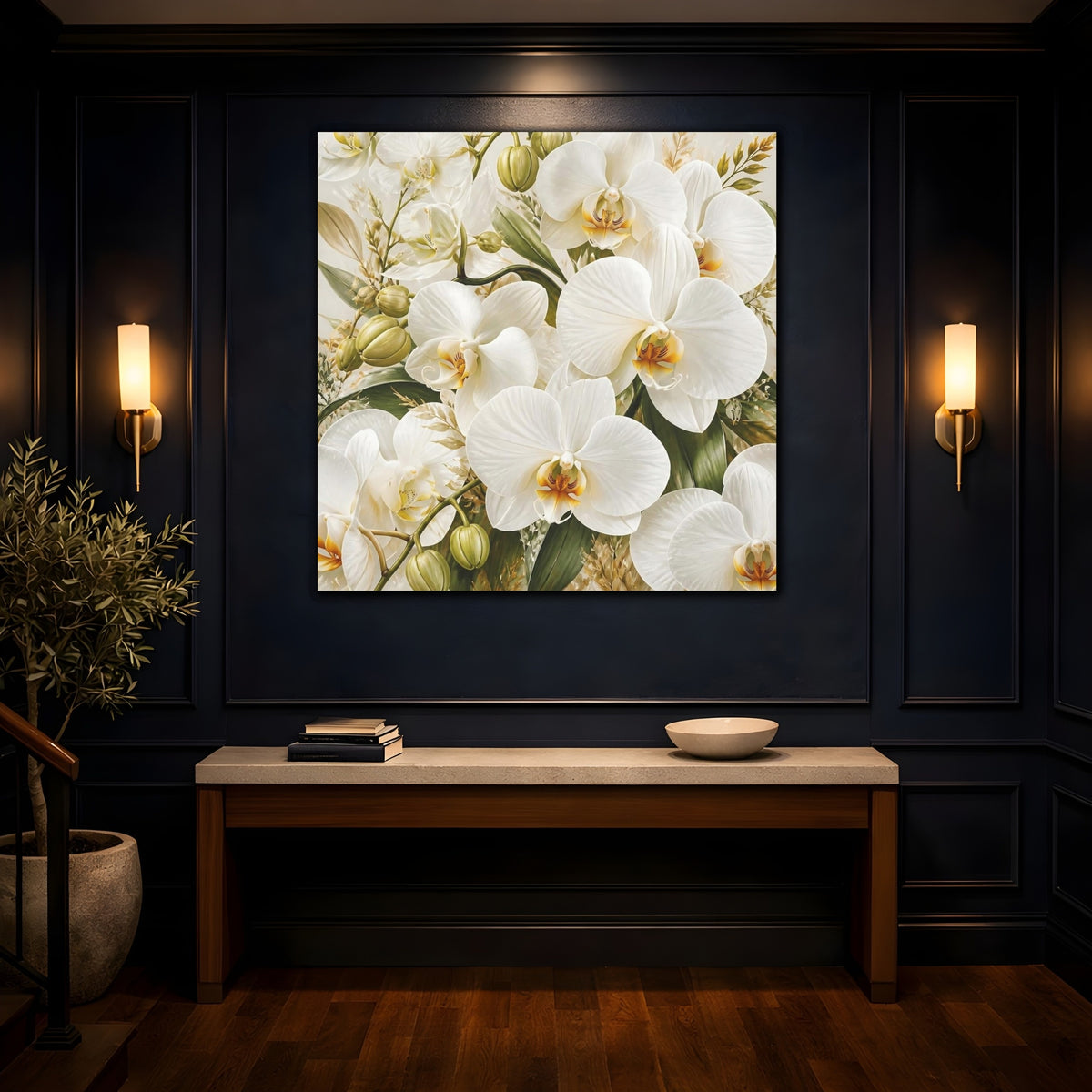 Mockup 4. White Orchid Flowers shown as canvas print