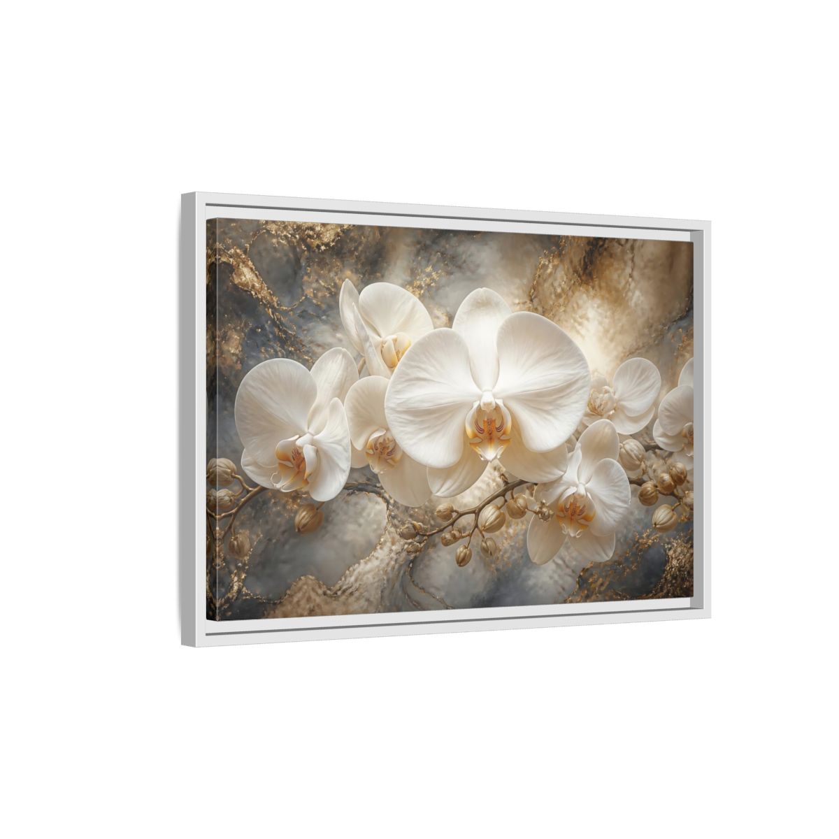 Side Mockup 1. White Orchid On Marble shown as framed canvas print