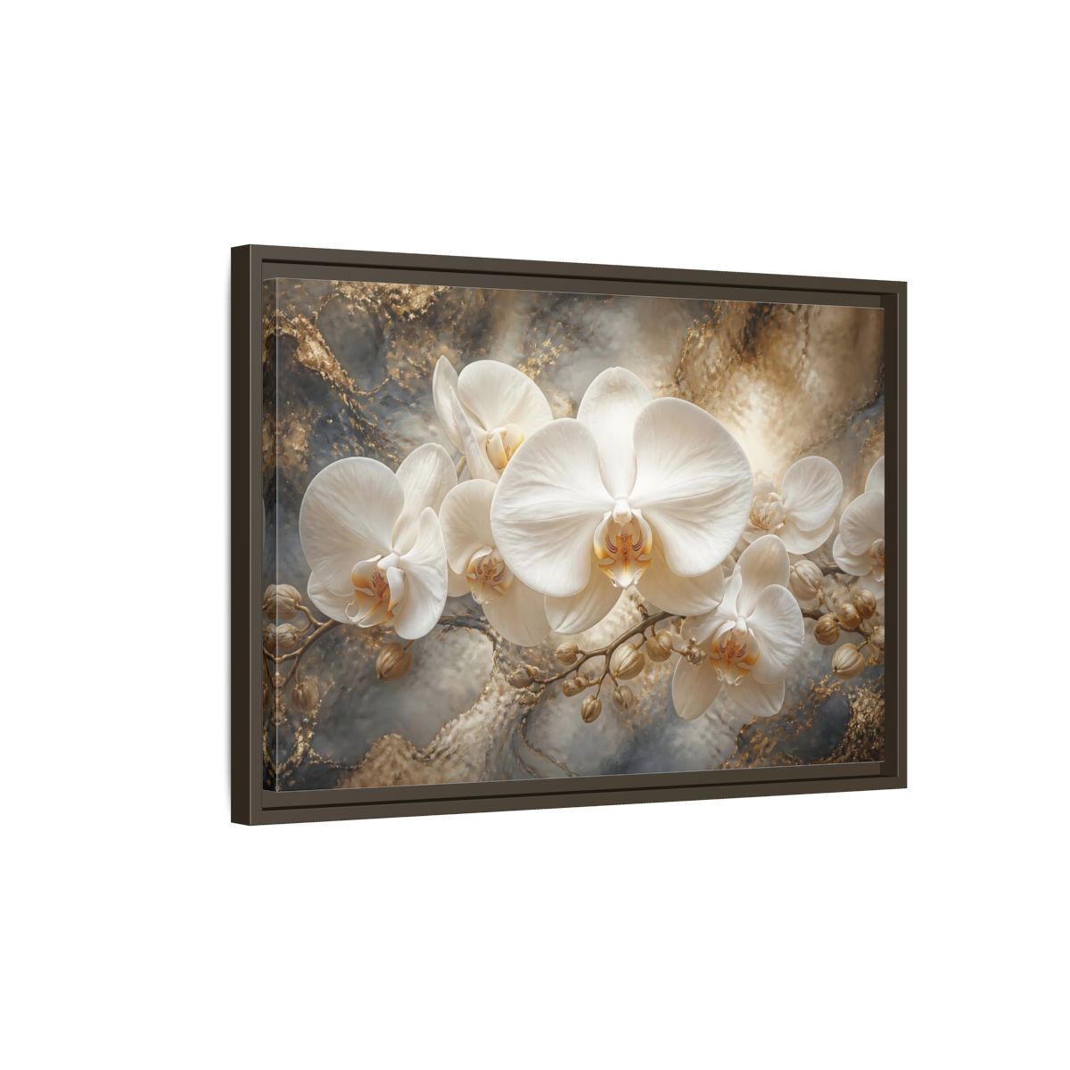 Side Mockup 2. White Orchid On Marble shown as framed canvas print