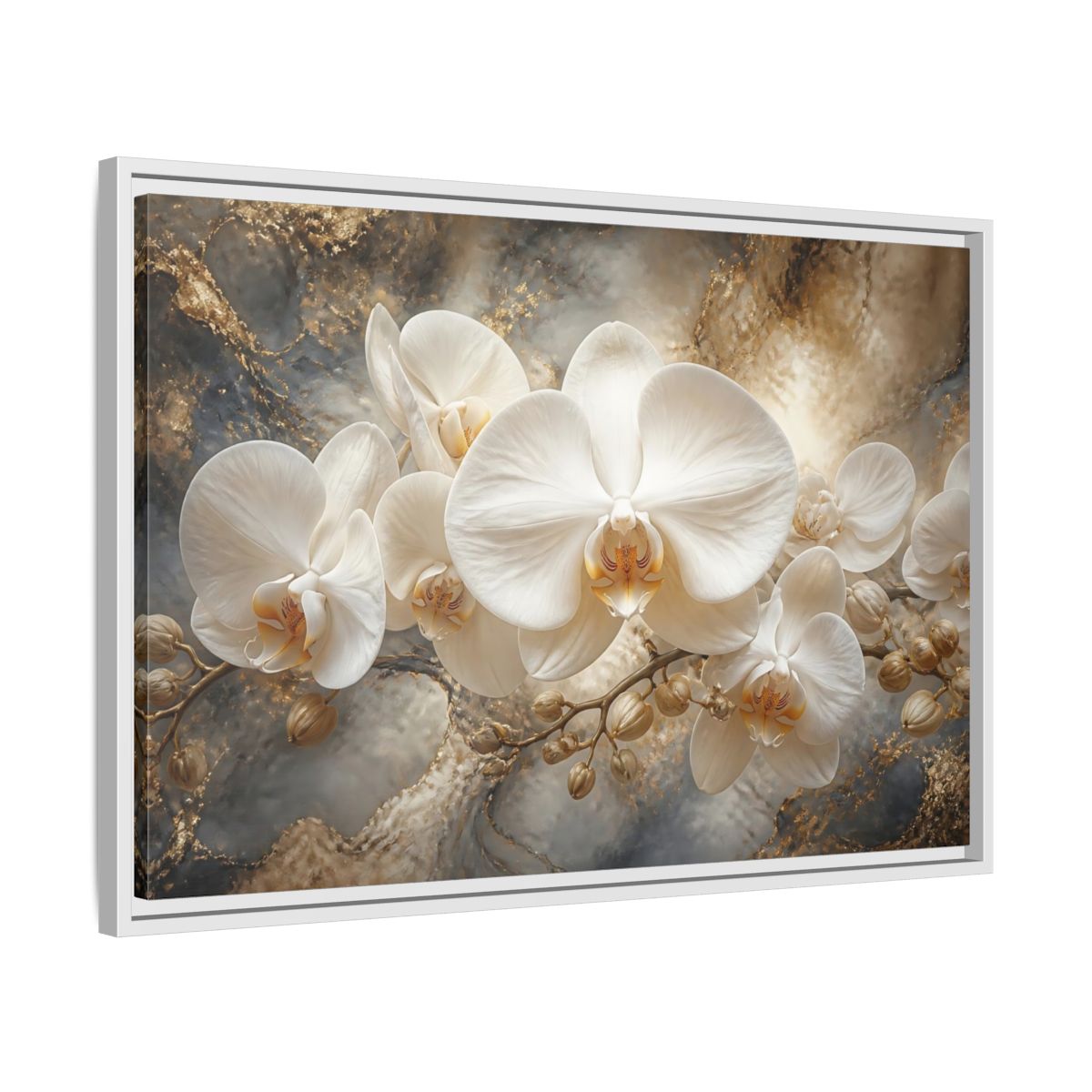Side Mockup 10. White Orchid On Marble shown as framed canvas print