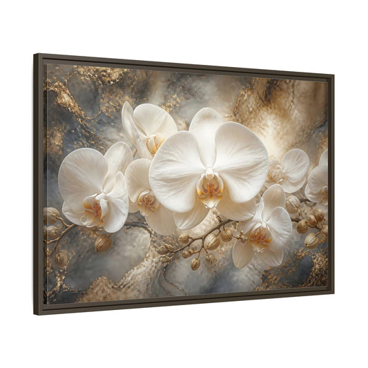 Main Mockup. White Orchid On Marble shown as framed canvas print