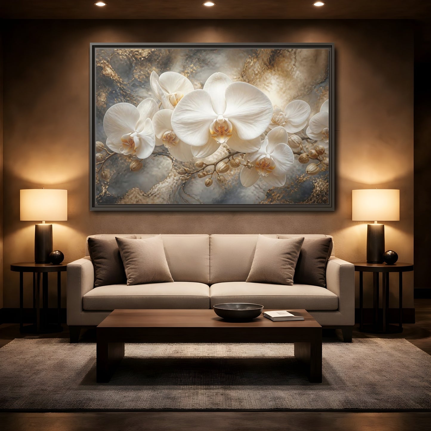 Mockup 2. White Orchid On Marble shown as framed canvas print