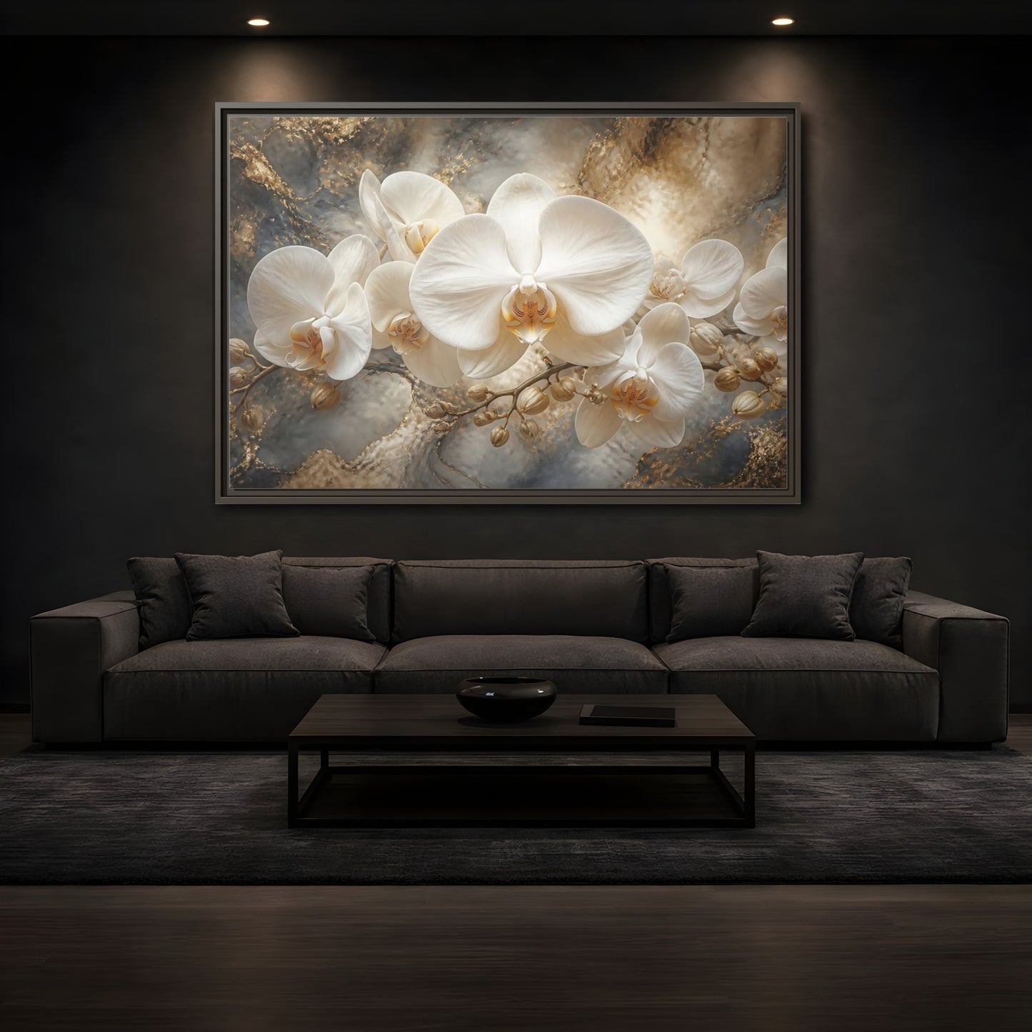 Mockup 3. White Orchid On Marble shown as framed canvas print