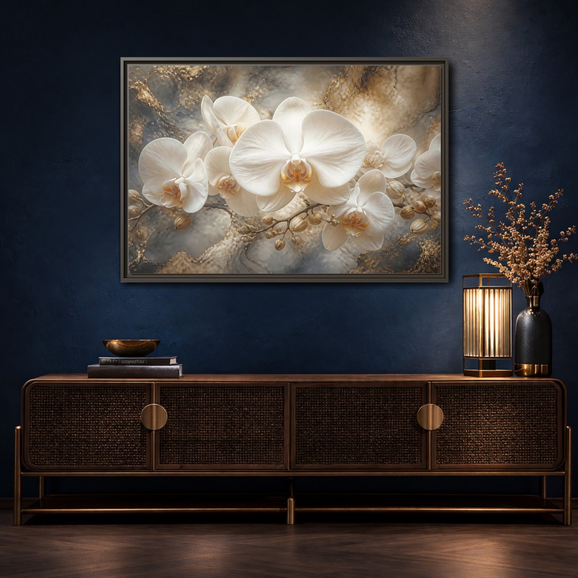 Mockup 4. White Orchid On Marble shown as framed canvas print