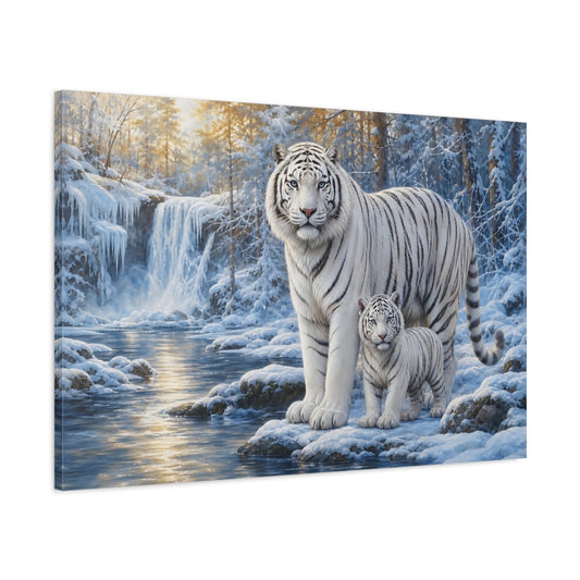 Main Mockup. White Tiger Mother And Cub shown as canvas print