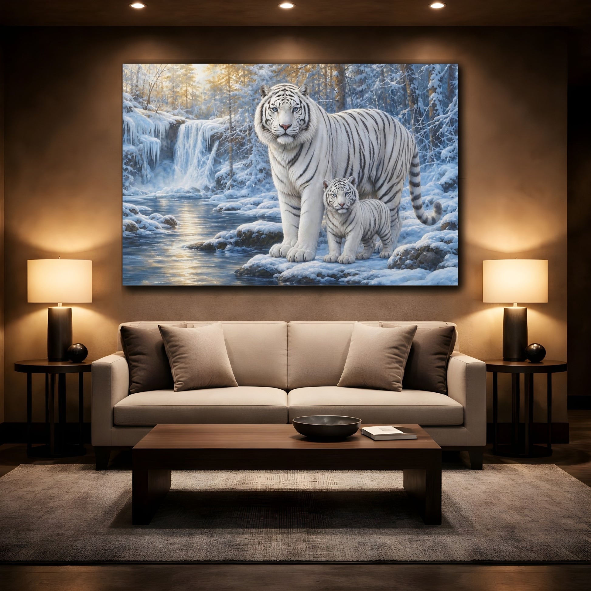 Mockup 2. White Tiger Mother And Cub shown as canvas print