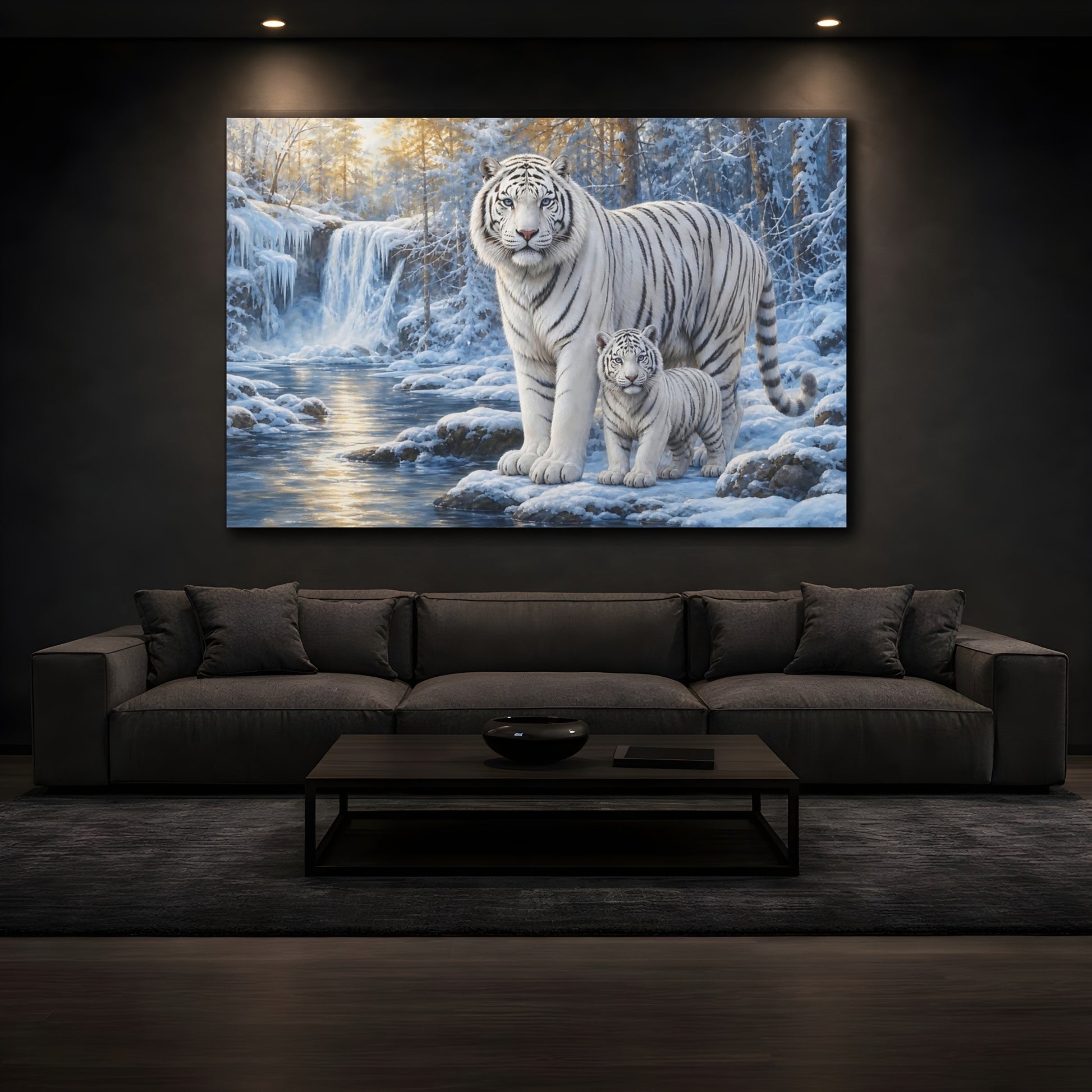 Mockup 3. White Tiger Mother And Cub shown as canvas print