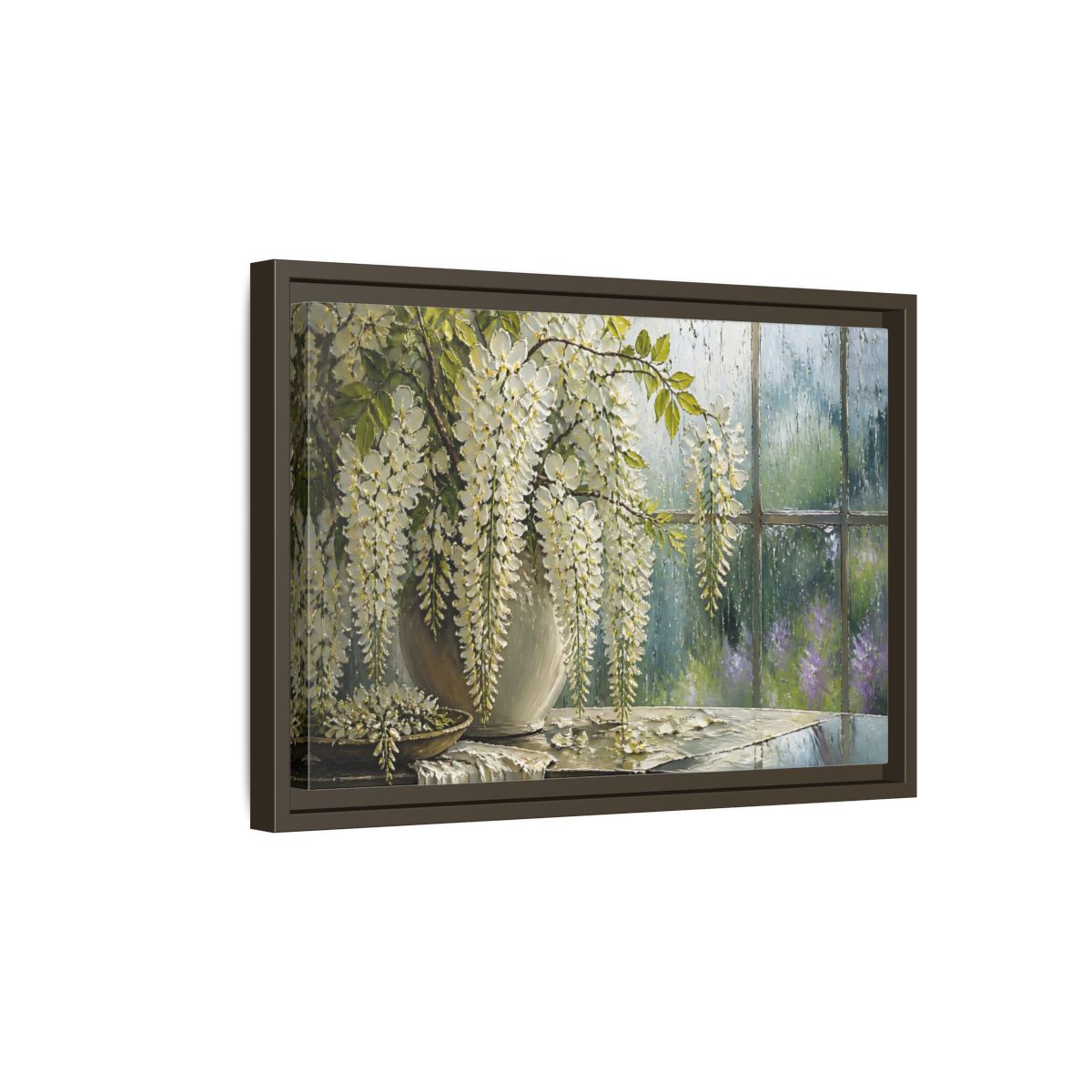 Side Mockup 5. White Wisteria Flowers shown as framed canvas print