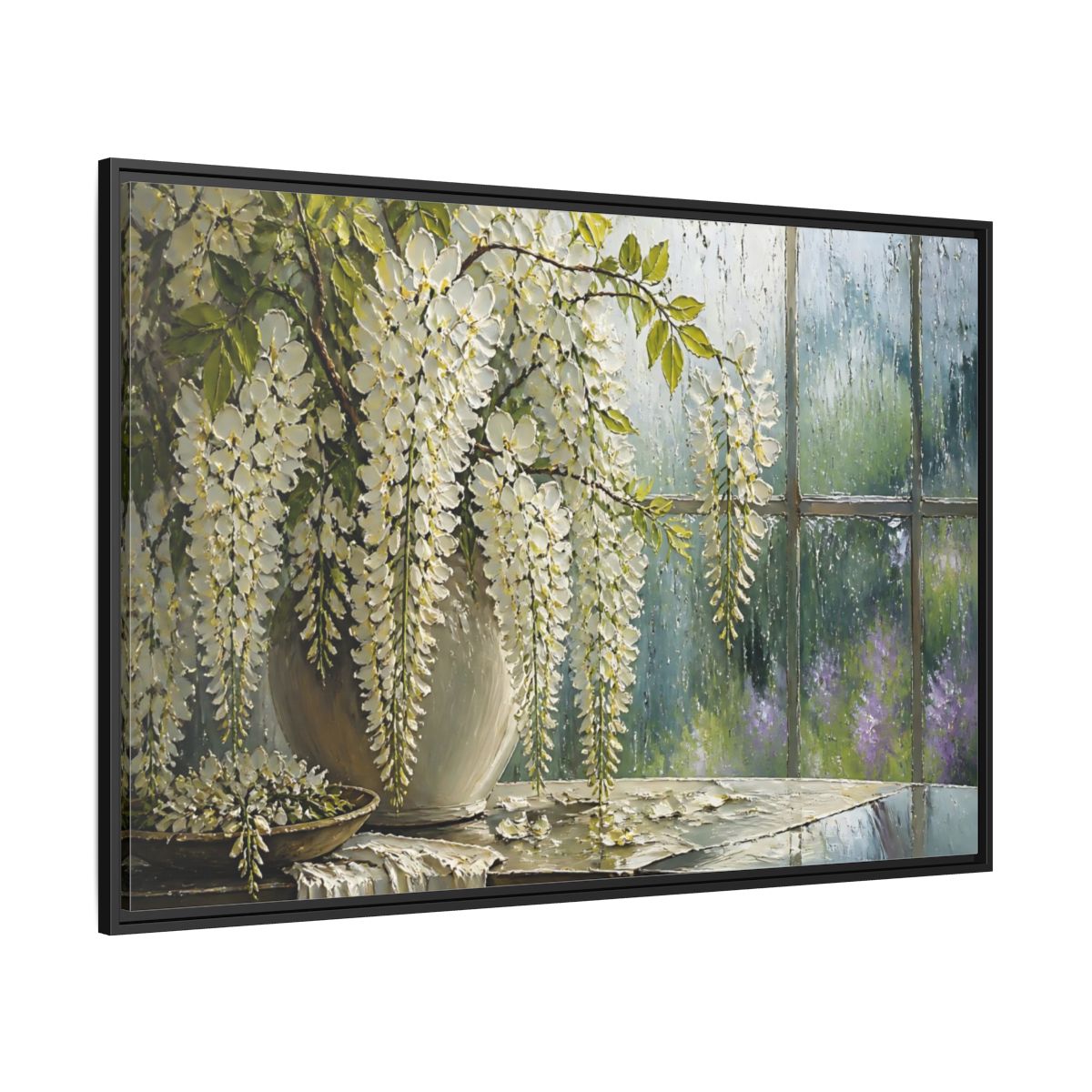 Side Mockup 12. White Wisteria Flowers shown as framed canvas print