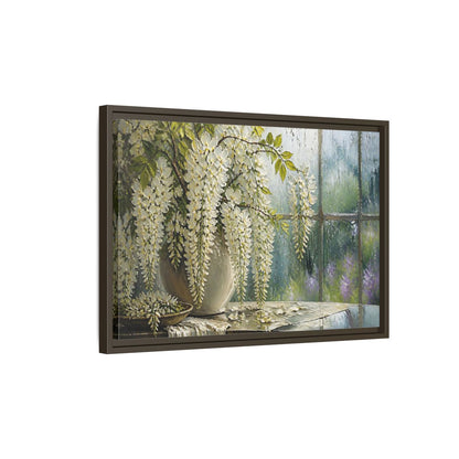 Side Mockup 2. White Wisteria Flowers shown as framed canvas print