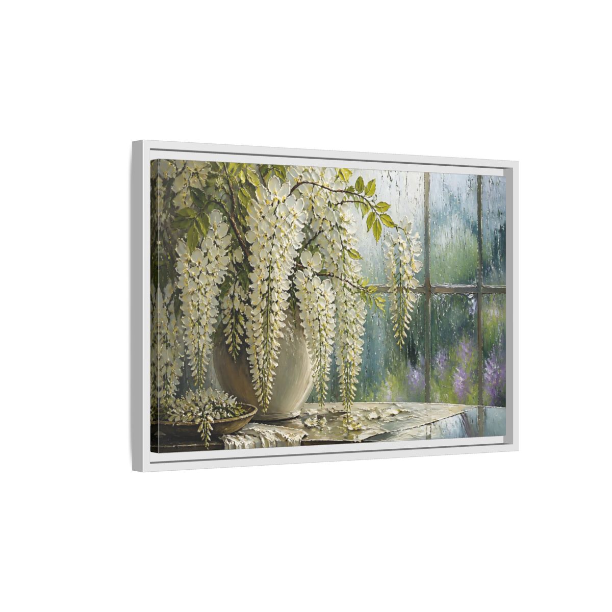 Side Mockup 1. White Wisteria Flowers shown as framed canvas print