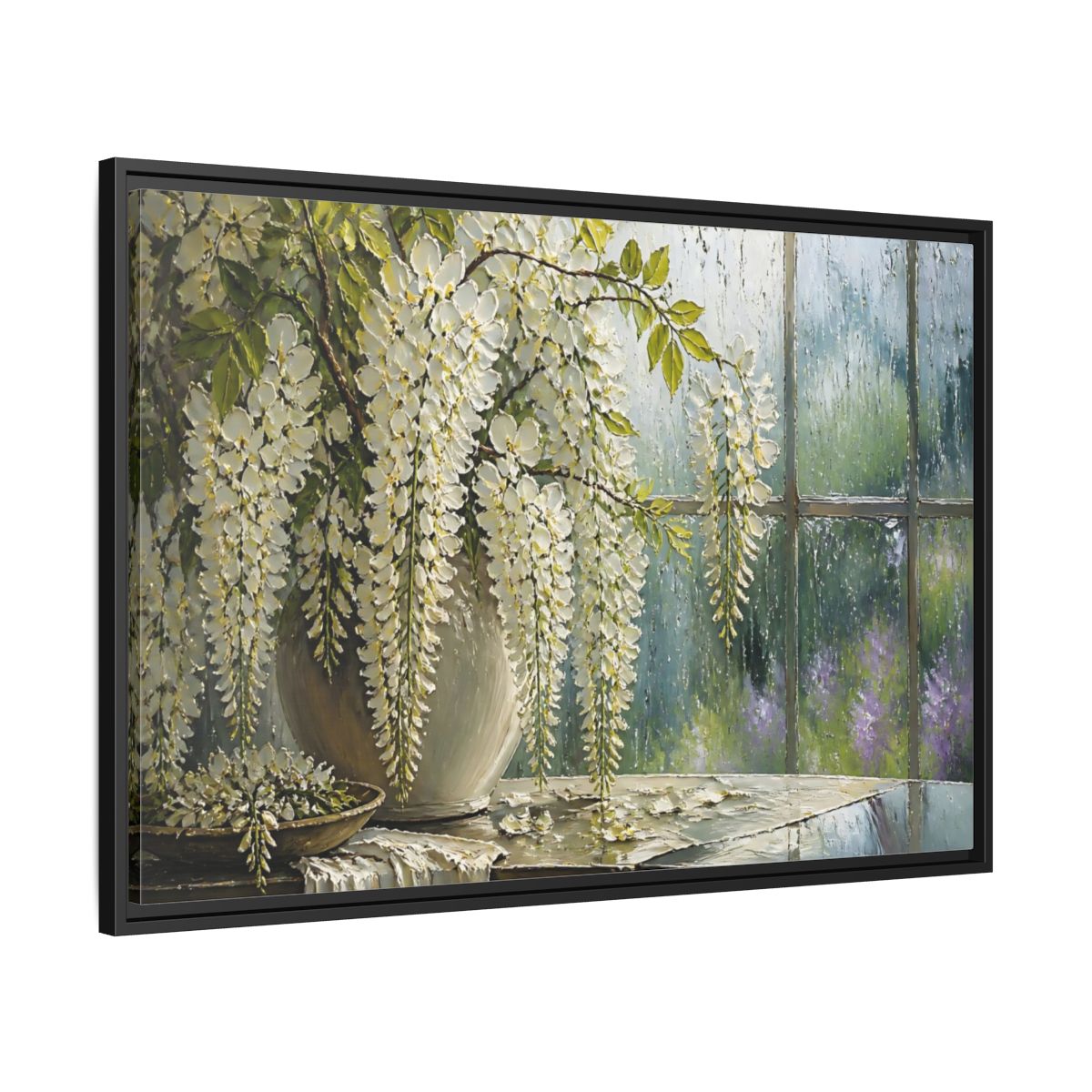 Side Mockup 13. White Wisteria Flowers shown as framed canvas print