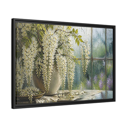 Side Mockup 14. White Wisteria Flowers shown as framed canvas print