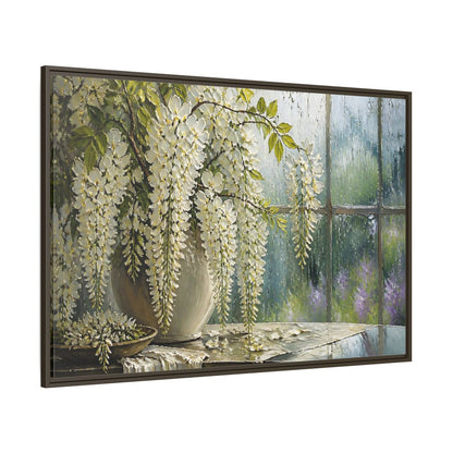 Side Mockup 8. White Wisteria Flowers shown as framed canvas print