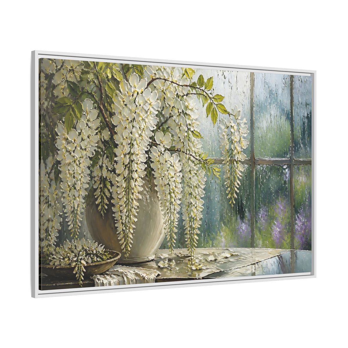Side Mockup 7. White Wisteria Flowers shown as framed canvas print