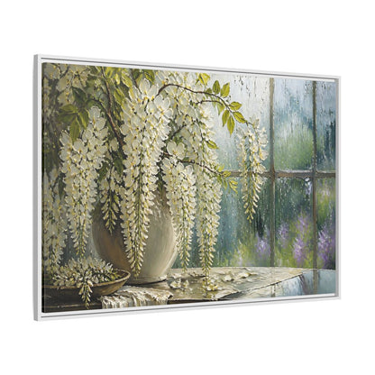 Side Mockup 7. White Wisteria Flowers shown as framed canvas print
