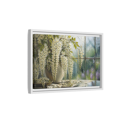 Side Mockup 4. White Wisteria Flowers shown as framed canvas print