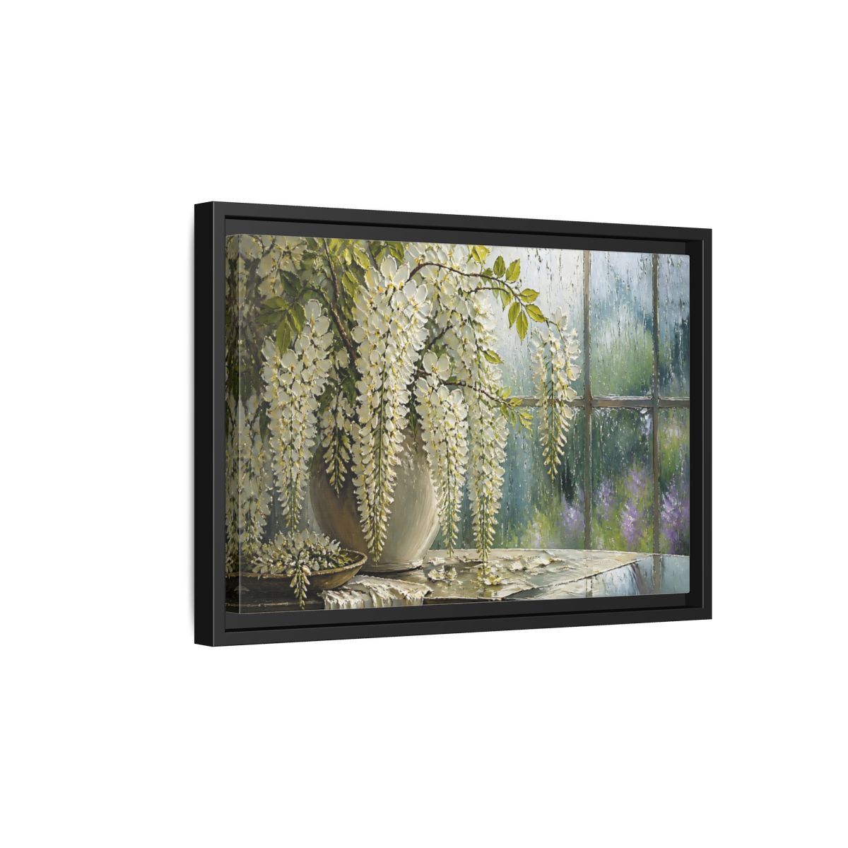 Side Mockup 6. White Wisteria Flowers shown as framed canvas print