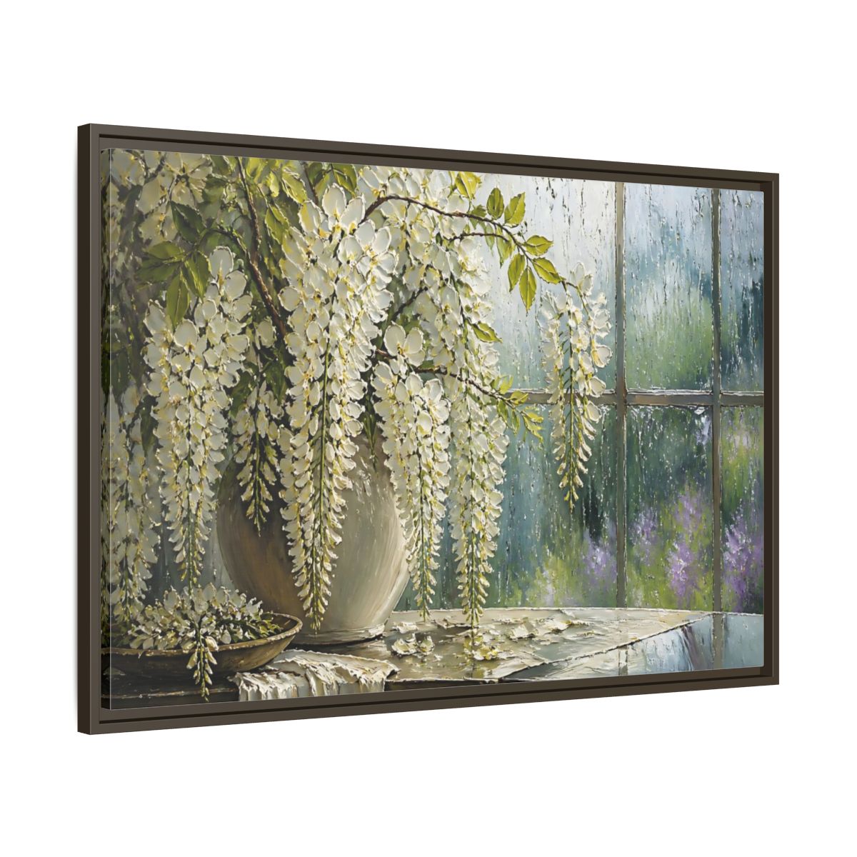 Main Mockup. White Wisteria Flowers shown as framed canvas print