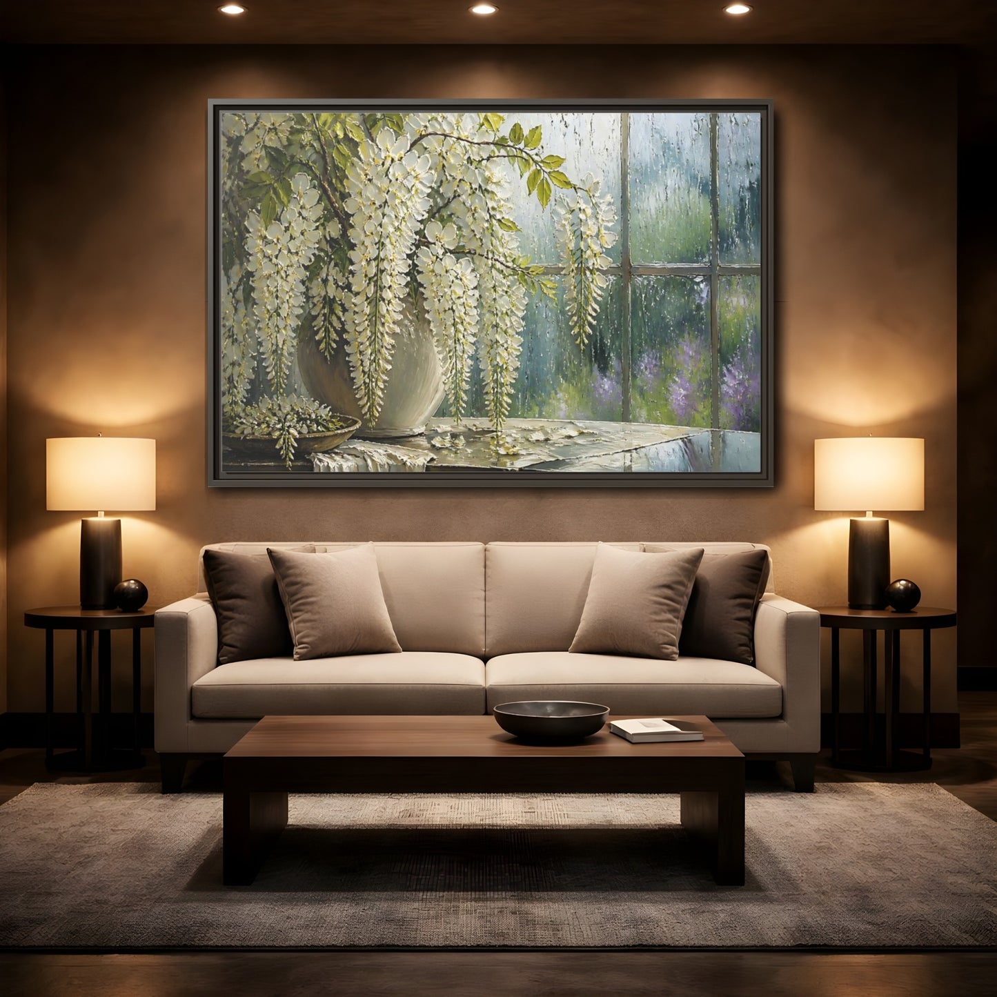 Mockup 2. White Wisteria Flowers shown as framed canvas print