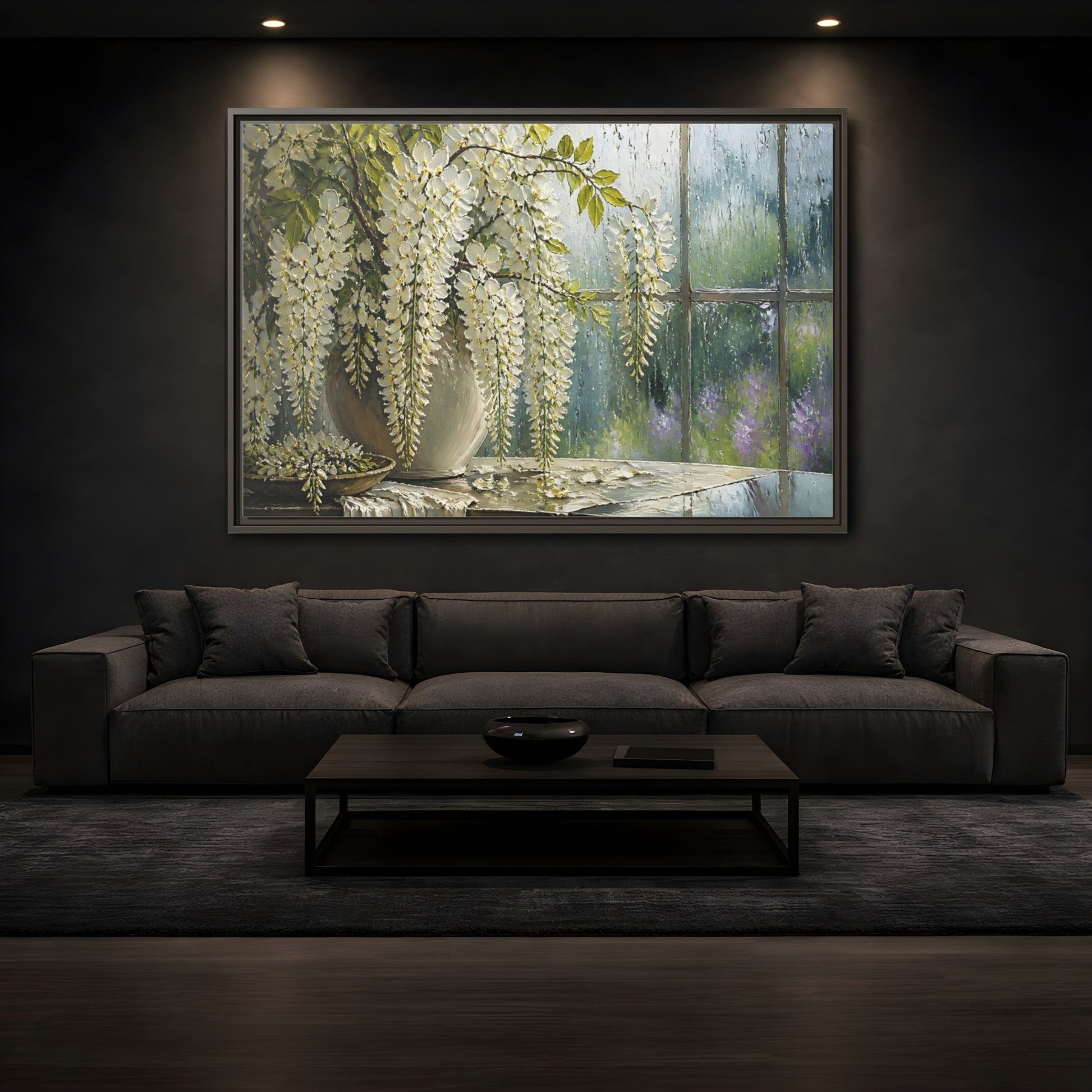 Mockup 3. White Wisteria Flowers shown as framed canvas print