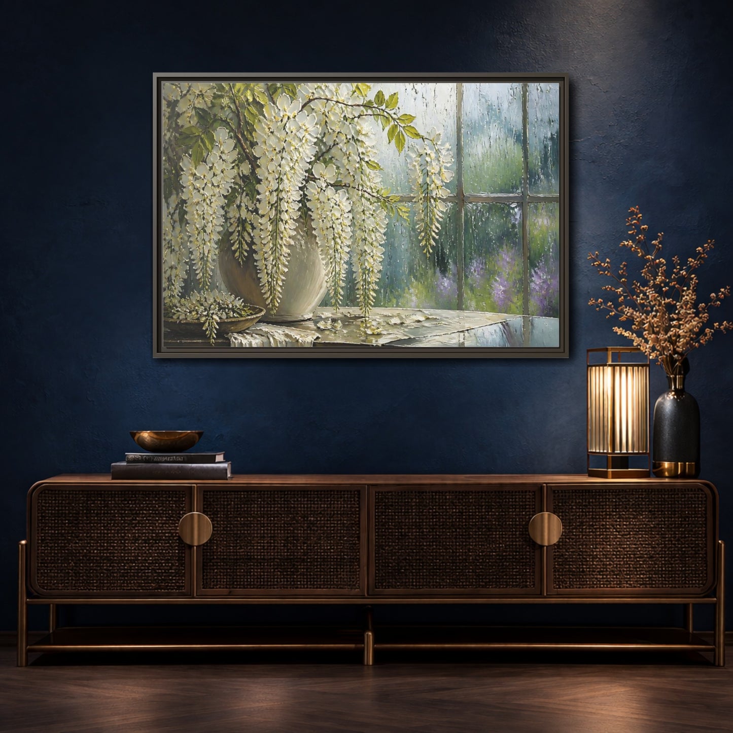 Mockup 4. White Wisteria Flowers shown as framed canvas print