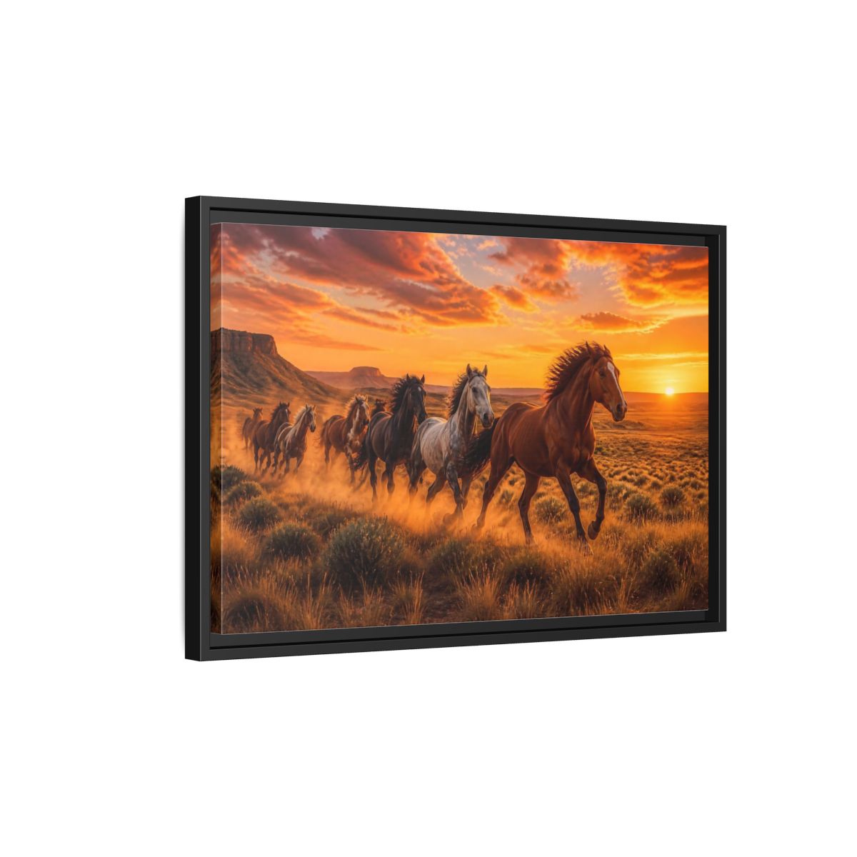 Side Mockup 3. Wild Horses Animals Sunset shown as framed canvas print