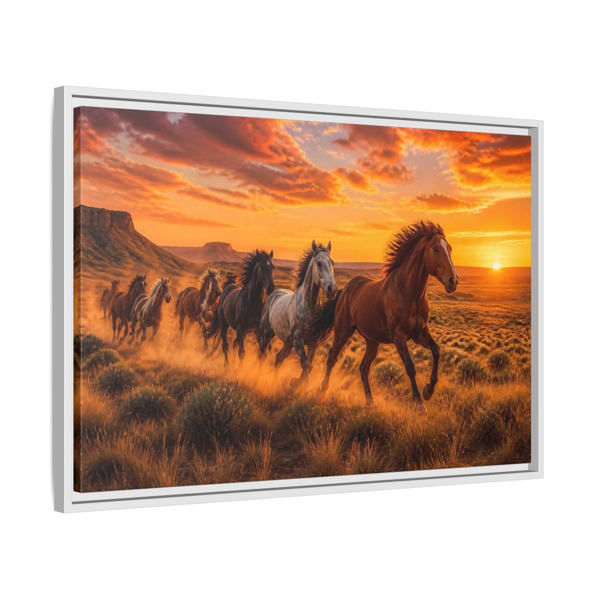 Side Mockup 10. Wild Horses Animals Sunset shown as framed canvas print