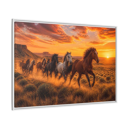 Side Mockup 7. Wild Horses Animals Sunset shown as framed canvas print