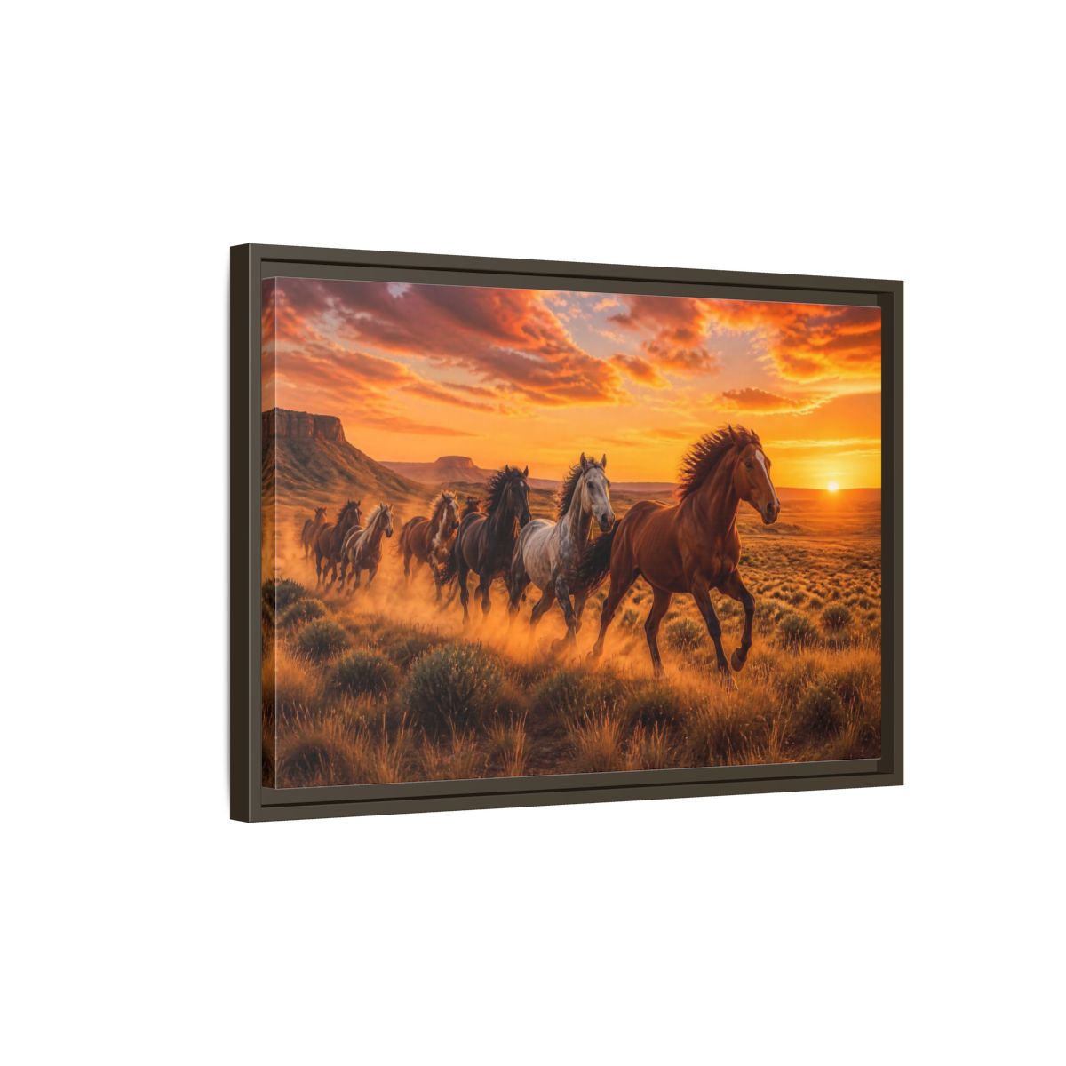 Side Mockup 2. Wild Horses Animals Sunset shown as framed canvas print