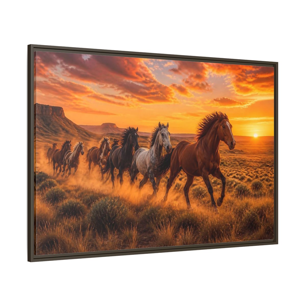 Side Mockup 8. Wild Horses Animals Sunset shown as framed canvas print