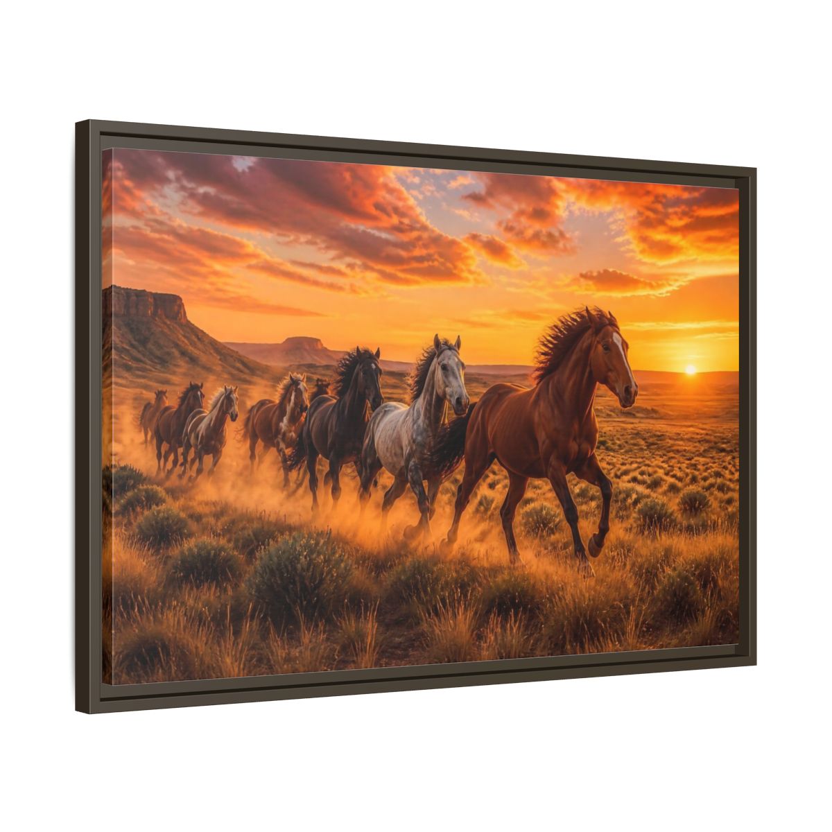 Side Mockup 11. Wild Horses Animals Sunset shown as framed canvas print