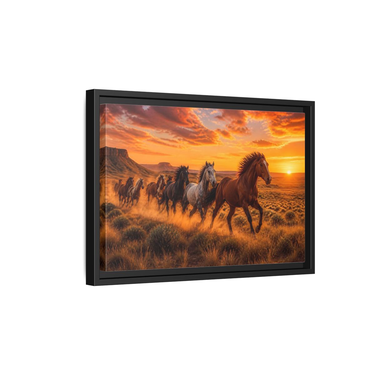 Side Mockup 6. Wild Horses Animals Sunset shown as framed canvas print
