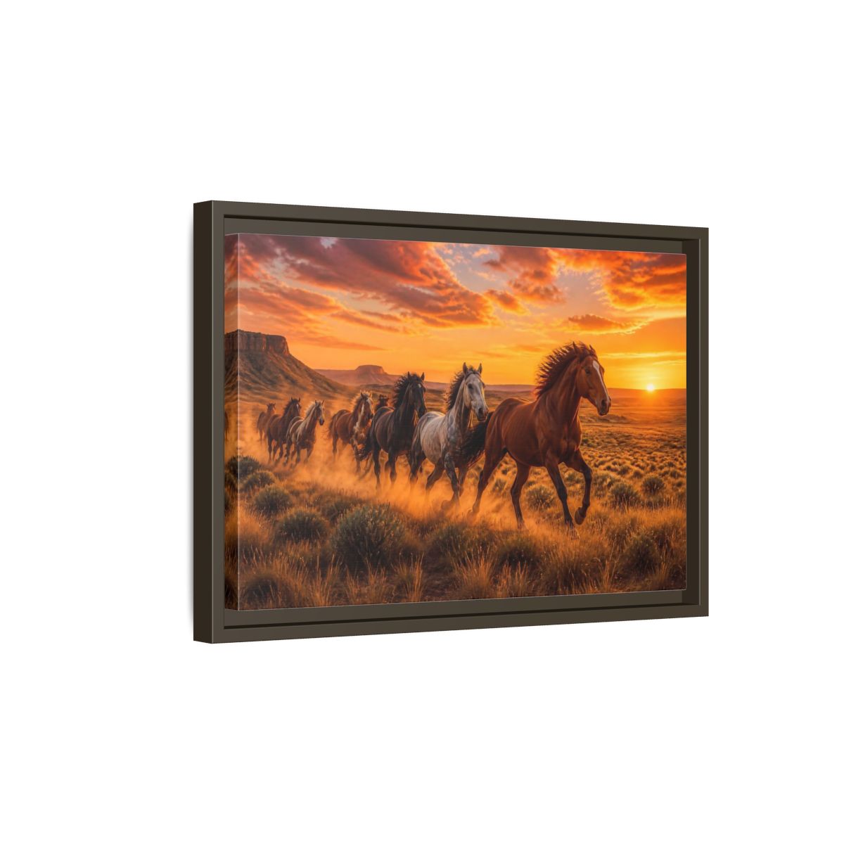 Side Mockup 5. Wild Horses Animals Sunset shown as framed canvas print