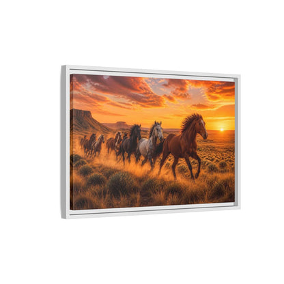 Side Mockup 1. Wild Horses Animals Sunset shown as framed canvas print