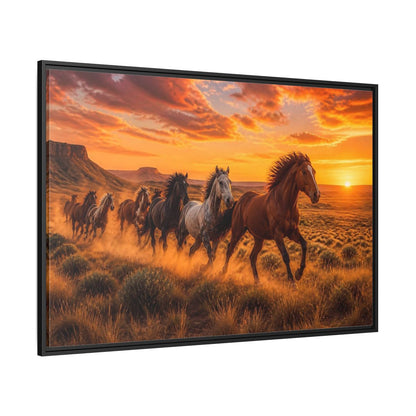 Side Mockup 12. Wild Horses Animals Sunset shown as framed canvas print