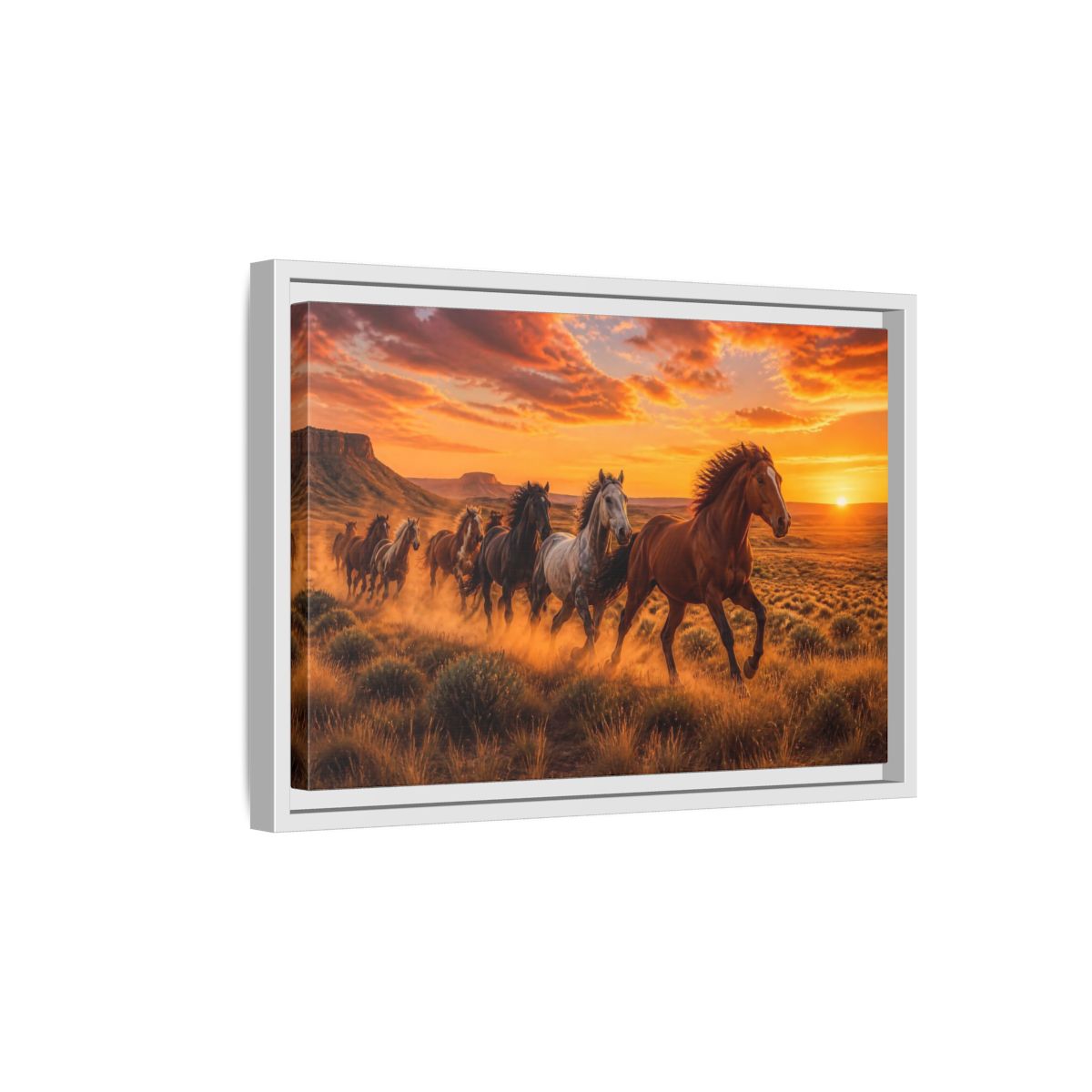 Side Mockup 4. Wild Horses Animals Sunset shown as framed canvas print