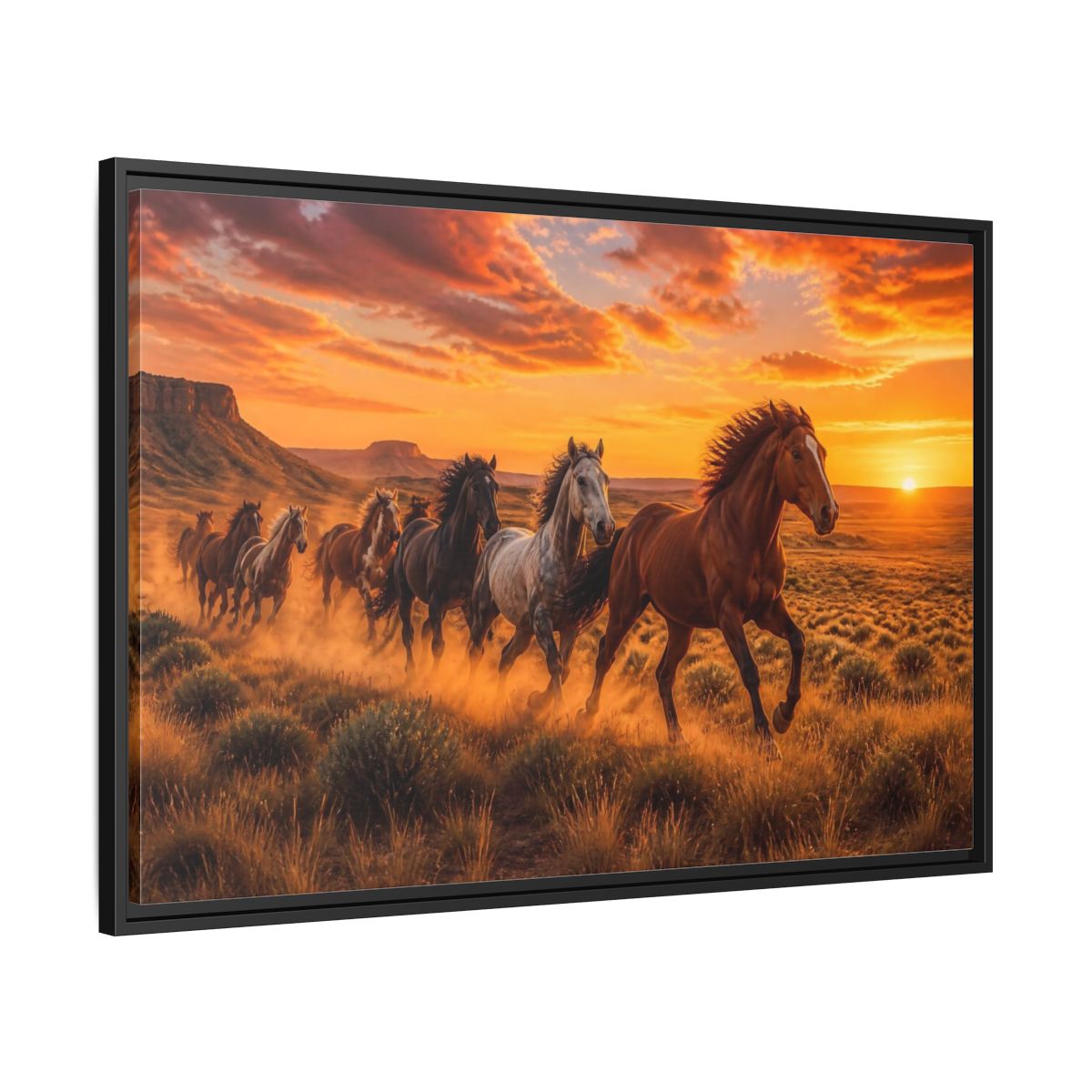 Side Mockup 13. Wild Horses Animals Sunset shown as framed canvas print